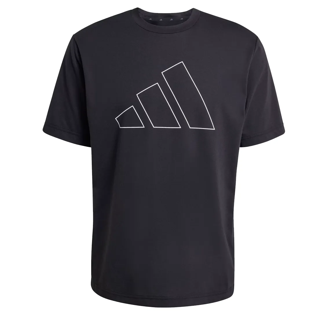 Camiseta masculina Adidas preta com logo branco nas costas, em poliéster